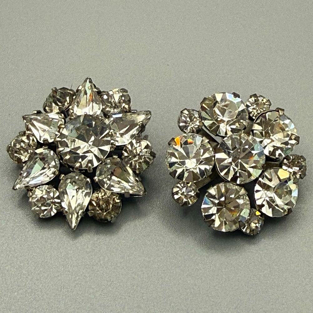 Vtg Signed Czech Clear Rhinestone Starburst Floral Brooch Pin Lot of 2 Art Deco
